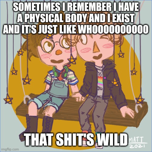 me and logan on a swing :3 | SOMETIMES I REMEMBER I HAVE A PHYSICAL BODY AND I EXIST AND IT'S JUST LIKE WHOOOOOOOOOO; THAT SHIT'S WILD | image tagged in me and logan on a swing 3 | made w/ Imgflip meme maker