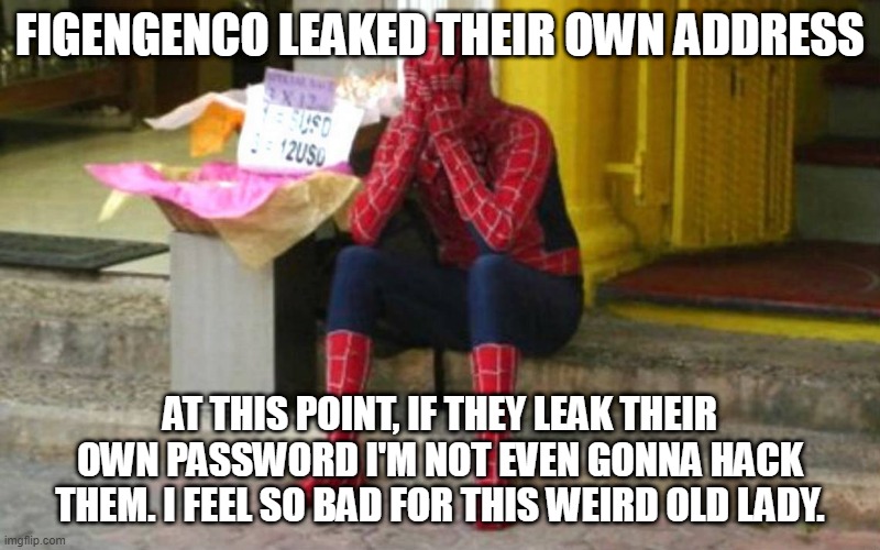 spiderman sad | FIGENGENCO LEAKED THEIR OWN ADDRESS; AT THIS POINT, IF THEY LEAK THEIR OWN PASSWORD I'M NOT EVEN GONNA HACK THEM. I FEEL SO BAD FOR THIS WEIRD OLD LADY. | image tagged in spiderman sad | made w/ Imgflip meme maker