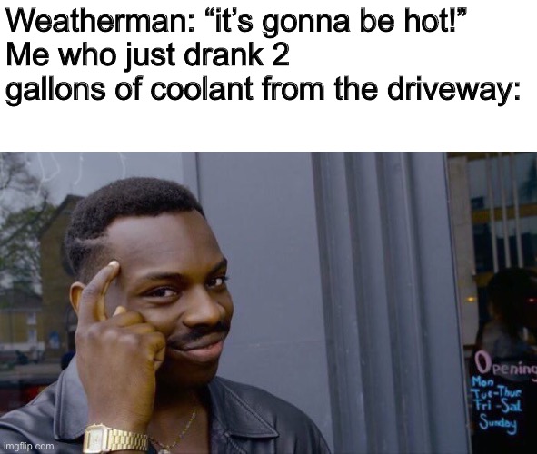 Smert | Weatherman: “it’s gonna be hot!”
Me who just drank 2 gallons of coolant from the driveway: | image tagged in memes,roll safe think about it | made w/ Imgflip meme maker