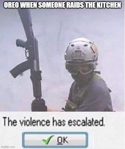 ok | OREO WHEN SOMEONE RAIDS THE KITCHEN | image tagged in pilot the violence has escalated | made w/ Imgflip meme maker