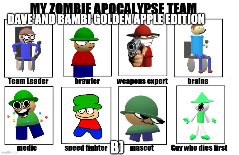 LETS GO GUY'S | DAVE AND BAMBI GOLDEN APPLE EDITION; B) | image tagged in my zombie apocalypse team | made w/ Imgflip meme maker