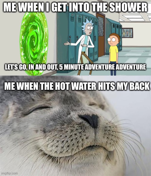 ME WHEN I GET INTO THE SHOWER; LET’S GO, IN AND OUT, 5 MINUTE ADVENTURE ADVENTURE; ME WHEN THE HOT WATER HITS MY BACK | image tagged in rick and morty in and out,memes,satisfied seal | made w/ Imgflip meme maker