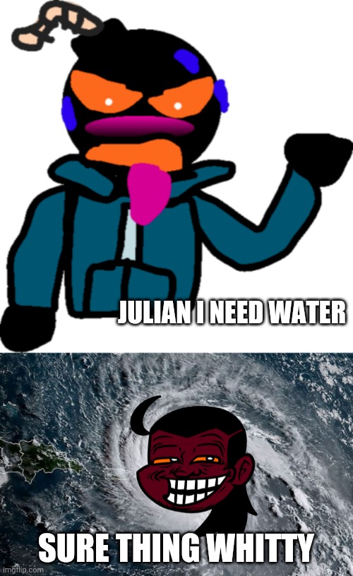 JULIAN I NEED WATER; SURE THING WHITTY | image tagged in huricane irma | made w/ Imgflip meme maker