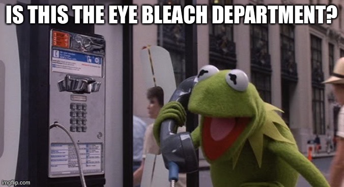 Kermit Phone | IS THIS THE EYE BLEACH DEPARTMENT? | image tagged in kermit phone | made w/ Imgflip meme maker