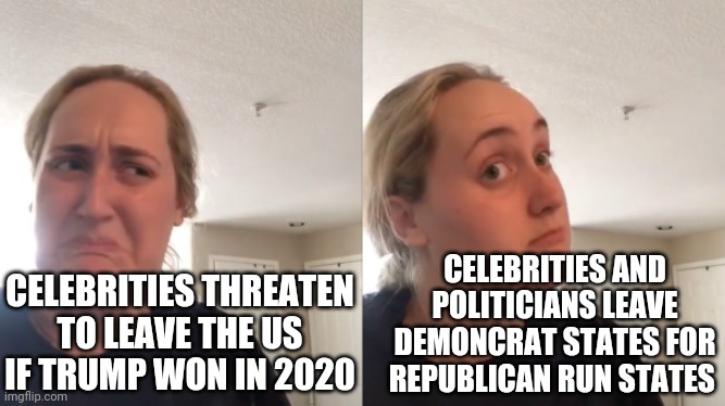 Good Bad | CELEBRITIES AND POLITICIANS LEAVE DEMONCRAT STATES FOR REPUBLICAN RUN STATES; CELEBRITIES THREATEN TO LEAVE THE US IF TRUMP WON IN 2020 | image tagged in good bad | made w/ Imgflip meme maker