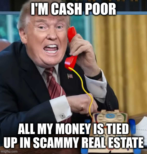 wHY dOES A bILLIONAIRE ACCEPT Public DONATIONS | I'M CASH POOR; ALL MY MONEY IS TIED UP IN SCAMMY REAL ESTATE | image tagged in i'm the president,rumpt | made w/ Imgflip meme maker