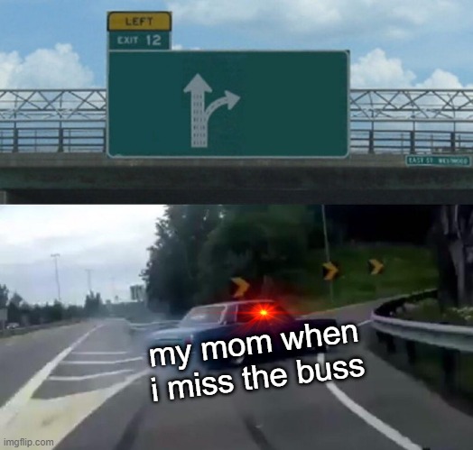 Left Exit 12 Off Ramp Meme | my mom when i miss the buss | image tagged in memes,left exit 12 off ramp | made w/ Imgflip meme maker