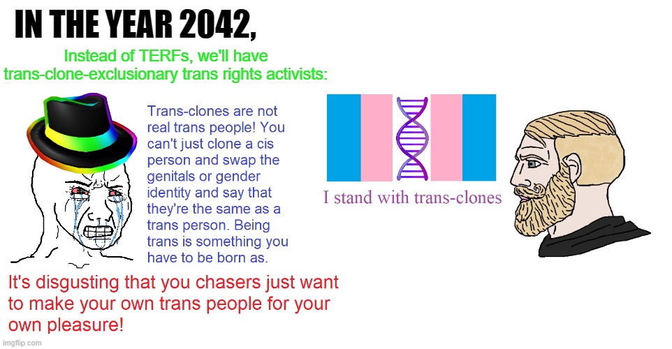My prediction | IN THE YEAR 2042, Instead of TERFs, we'll have trans-clone-exclusionary trans rights activists: | image tagged in memes,transgender,future,clones,wojak | made w/ Imgflip meme maker