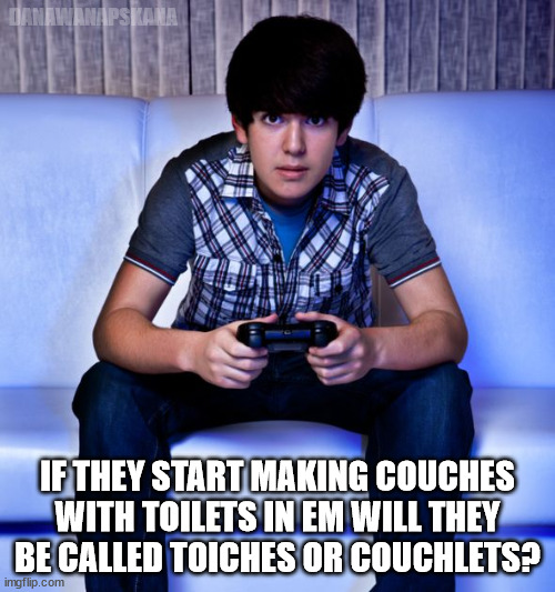 deep turds | DANAWANAPSKANA; IF THEY START MAKING COUCHES WITH TOILETS IN EM WILL THEY BE CALLED TOICHES OR COUCHLETS? | image tagged in kid playing video games,furniture,deep thoughts | made w/ Imgflip meme maker