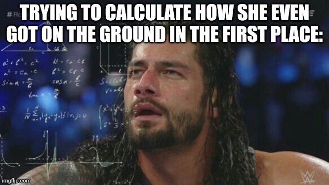 TRYING TO CALCULATE HOW SHE EVEN GOT ON THE GROUND IN THE FIRST PLACE: | made w/ Imgflip meme maker