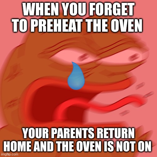 When you forget to do something | WHEN YOU FORGET TO PREHEAT THE OVEN; YOUR PARENTS RETURN HOME AND THE OVEN IS NOT ON | image tagged in reeeeeeeeeeeeeeeeeeeeee | made w/ Imgflip meme maker