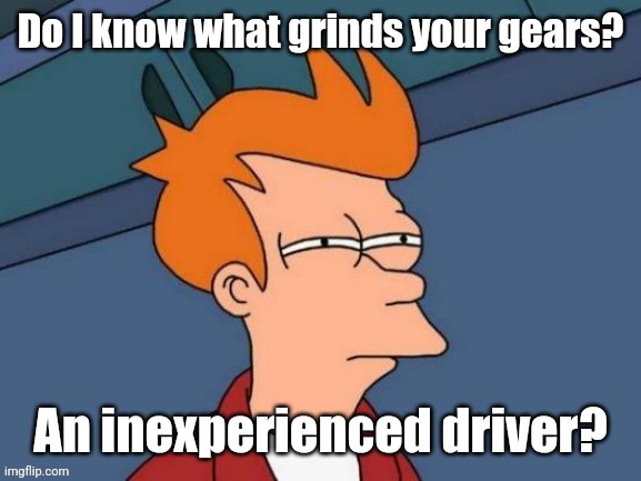 Fry is not sure... | Do I know what grinds your gears? An inexperienced driver? | image tagged in fry is not sure | made w/ Imgflip meme maker