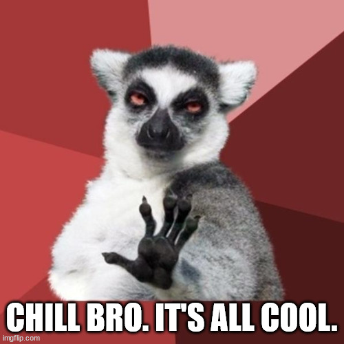 Chill Out Lemur Meme | CHILL BRO. IT'S ALL COOL. | image tagged in memes,chill out lemur | made w/ Imgflip meme maker