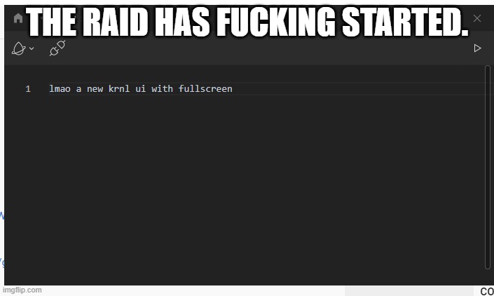 fullscreen executor | THE RAID HAS FUCKING STARTED. | image tagged in fullscreen executor | made w/ Imgflip meme maker