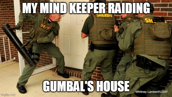 FBI open up | MY MIND KEEPER RAIDING; GUMBAL'S HOUSE | image tagged in fbi open up | made w/ Imgflip meme maker
