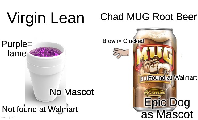 Face it: MUG is pog, Lean is not | Chad MUG Root Beer; Virgin Lean; Brown= Crucked; Purple= lame; Found at Walmart; No Mascot; Epic Dog as Mascot; Not found at Walmart | image tagged in virgin vs chad | made w/ Imgflip meme maker