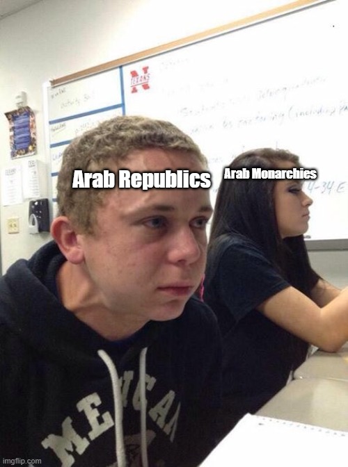 Arab monarchies VS arab republics | Arab Monarchies; Arab Republics | image tagged in straining kid | made w/ Imgflip meme maker