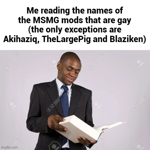 Me reading the names of the MSMG mods that are gay (the only exceptions are Akihaziq, TheLargePig and Blaziken) | made w/ Imgflip meme maker