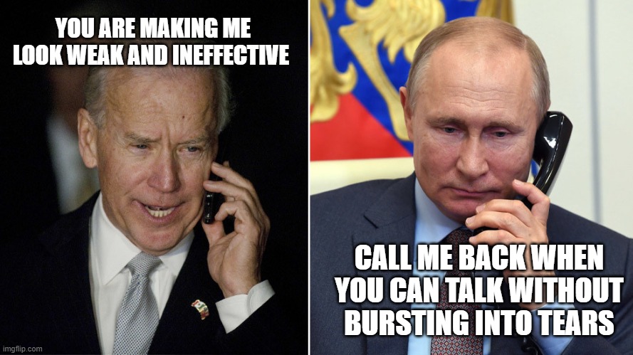 You know this happened | YOU ARE MAKING ME LOOK WEAK AND INEFFECTIVE; CALL ME BACK WHEN YOU CAN TALK WITHOUT BURSTING INTO TEARS | image tagged in biden-putin,it happened,weak biden,strongman putin,a tale of two tyrants,america in decline | made w/ Imgflip meme maker