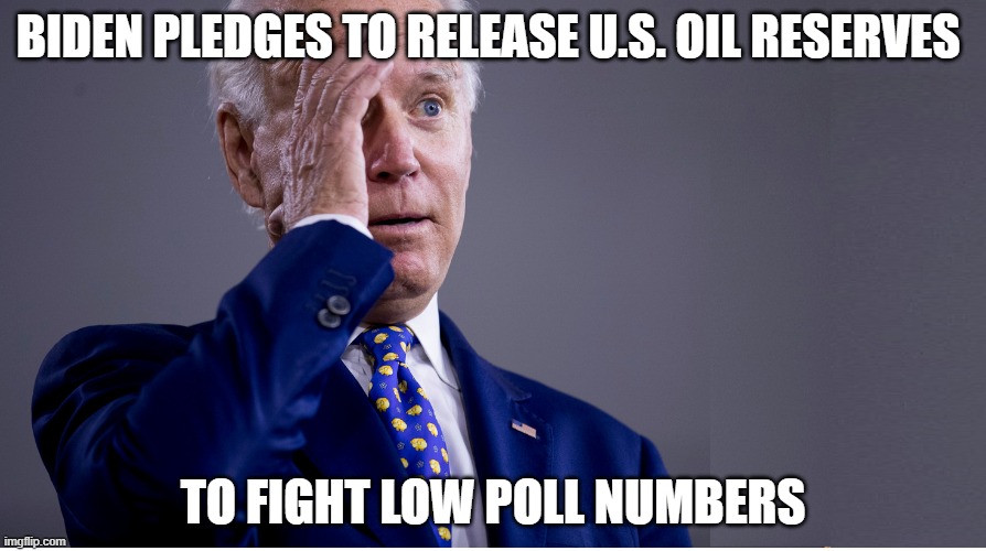 Biden politician | BIDEN PLEDGES TO RELEASE U.S. OIL RESERVES; TO FIGHT LOW POLL NUMBERS | image tagged in biden derp | made w/ Imgflip meme maker