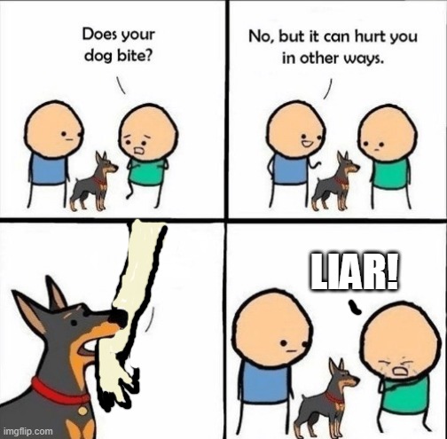 gyghjf | LIAR! | image tagged in does your dog bite | made w/ Imgflip meme maker