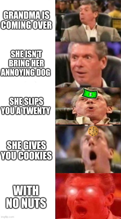 yum yums | GRANDMA IS COMING OVER; SHE ISN'T BRING HER ANNOYING DOG; SHE SLIPS YOU A TWENTY; SHE GIVES YOU COOKIES; WITH NO NUTS | image tagged in mr mcmahon reaction,memes,grandma,change my mind | made w/ Imgflip meme maker