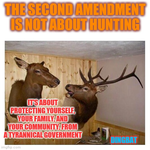 Hanged on a Wall Together | THE SECOND AMENDMENT IS NOT ABOUT HUNTING; IT'S ABOUT PROTECTING YOURSELF, YOUR FAMILY, AND YOUR COMMUNITY, FROM A TYRANNICAL GOVERNMENT; DINGBAT | image tagged in deers couple,arms,protection,communism,control,spock live long and prosper | made w/ Imgflip meme maker