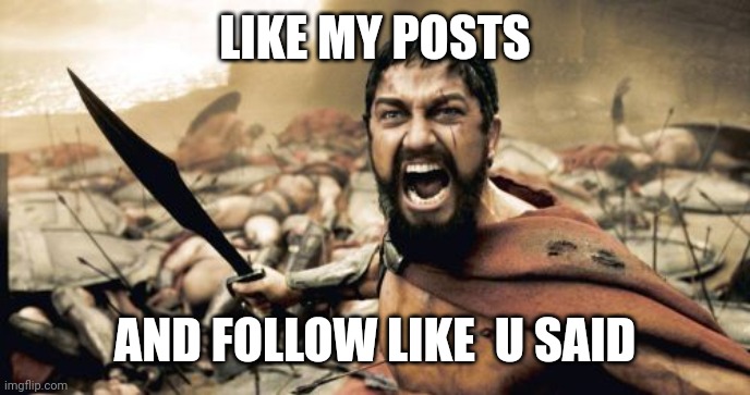 Sparta Leonidas | LIKE MY POSTS; AND FOLLOW LIKE  U SAID | image tagged in memes,sparta leonidas | made w/ Imgflip meme maker