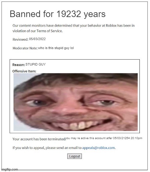 Moderation System | Banned for 19232 years; 05/03/2022; who is this stupid guy lol; STUPID GUY; you may re active this account atfer 05/03/21254 20:10pm | image tagged in moderation system | made w/ Imgflip meme maker