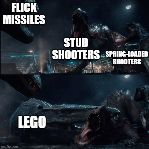 Why, Lego? WHY!?!? | FLICK MISSILES; STUD SHOOTERS; SPRING-LOADED SHOOTERS; LEGO | image tagged in surprise mosasaur,lego,2022 | made w/ Imgflip meme maker