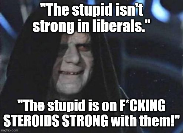 Emperor Palpatine  | "The stupid isn't strong in liberals." "The stupid is on F*CKING STEROIDS STRONG with them!" | image tagged in emperor palpatine | made w/ Imgflip meme maker