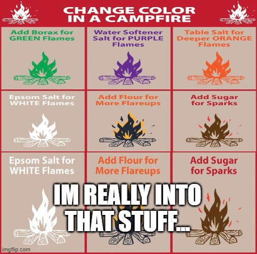 Campfire Colors | IM REALLY INTO THAT STUFF... | image tagged in memes,xd,into,lol,campfire,e | made w/ Imgflip meme maker