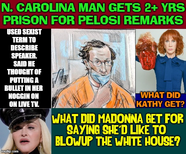 Just Sayin'... | N. CAROLINA MAN GETS 2+ YRS
PRISON FOR PELOSI REMARKS; USED SEXIST
TERM TO
DESCRIBE
SPEAKER.
SAID HE
THOUGHT OF
PUTTING A
BULLET IN HER 
NOGGIN ON 
ON LIVE TV. WHAT DID
KATHY GET? WHAT DID MADONNA GET FOR
SAYING SHE'D LIKE TO 
BLOWUP THE WHITE HOUSE? | image tagged in vince vance,kathy griffin,madonna,nancy pelosi,hate speech,memes | made w/ Imgflip meme maker