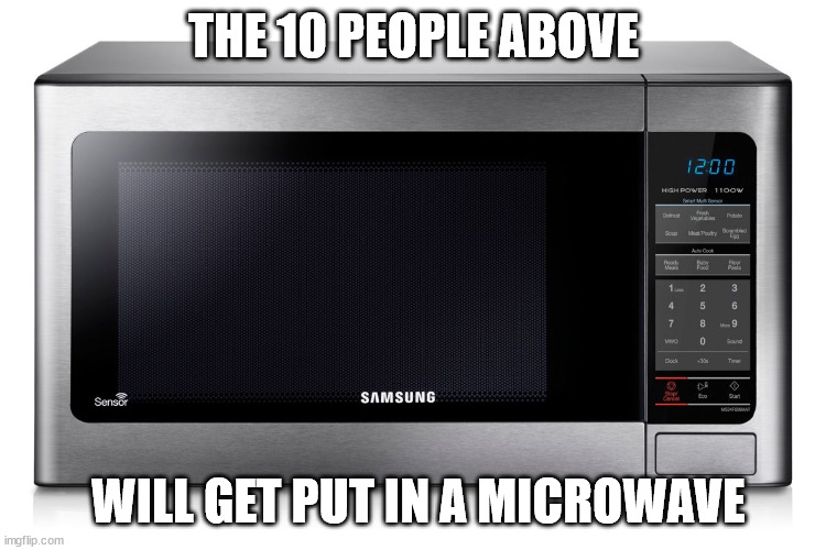 microwave | THE 10 PEOPLE ABOVE; WILL GET PUT IN A MICROWAVE | image tagged in microwave | made w/ Imgflip meme maker