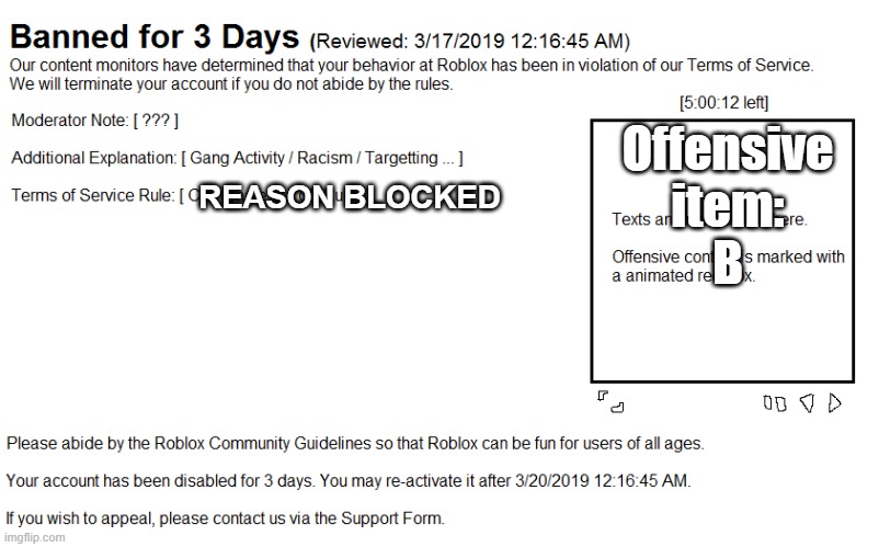banned for (SC) u must understard it | Offensive item:
B; REASON BLOCKED | image tagged in roblox warning | made w/ Imgflip meme maker
