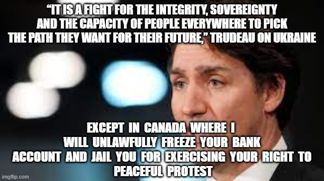 “IT IS A FIGHT FOR THE INTEGRITY, SOVEREIGNTY AND THE CAPACITY OF PEOPLE EVERYWHERE TO PICK THE PATH THEY WANT FOR THEIR FUTURE,” TRUDEAU ON UKRAINE; EXCEPT  IN  CANADA  WHERE  I  WILL  UNLAWFULLY  FREEZE  YOUR  BANK  ACCOUNT  AND  JAIL  YOU  FOR  EXERCISING  YOUR  RIGHT  TO 
 PEACEFUL  PROTEST | image tagged in justin trudeau,ukraine,soy boy,tyranny | made w/ Imgflip meme maker