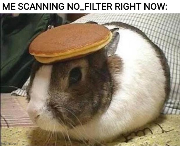 caek! | ME SCANNING NO_FILTER RIGHT NOW: | image tagged in bunny pancake | made w/ Imgflip meme maker