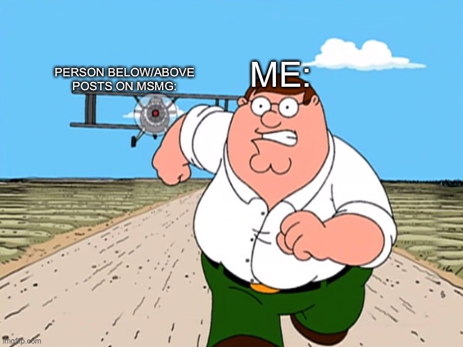 Peter Griffin running away | PERSON BELOW/ABOVE POSTS ON MSMG:; ME: | image tagged in peter griffin running away,memes | made w/ Imgflip meme maker