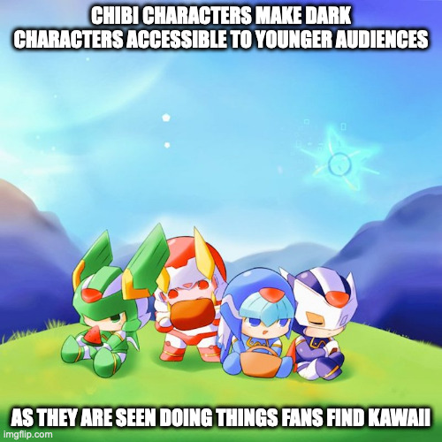 Chibi Guardians Picnic | CHIBI CHARACTERS MAKE DARK CHARACTERS ACCESSIBLE TO YOUNGER AUDIENCES; AS THEY ARE SEEN DOING THINGS FANS FIND KAWAII | image tagged in megaman,megaman zero,memes | made w/ Imgflip meme maker