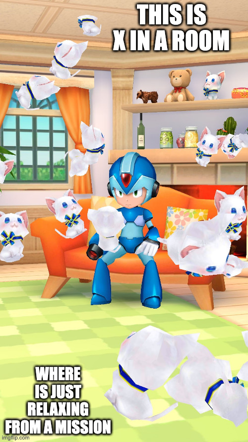 X in a Room of Cats | THIS IS X IN A ROOM; WHERE IS JUST RELAXING FROM A MISSION | image tagged in megaman,megaman x,shironeko project,cats,memes | made w/ Imgflip meme maker