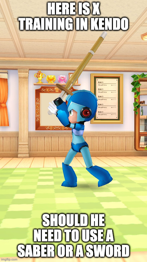 X With Bokken | HERE IS X TRAINING IN KENDO; SHOULD HE NEED TO USE A SABER OR A SWORD | image tagged in megaman,megaman x,memes | made w/ Imgflip meme maker