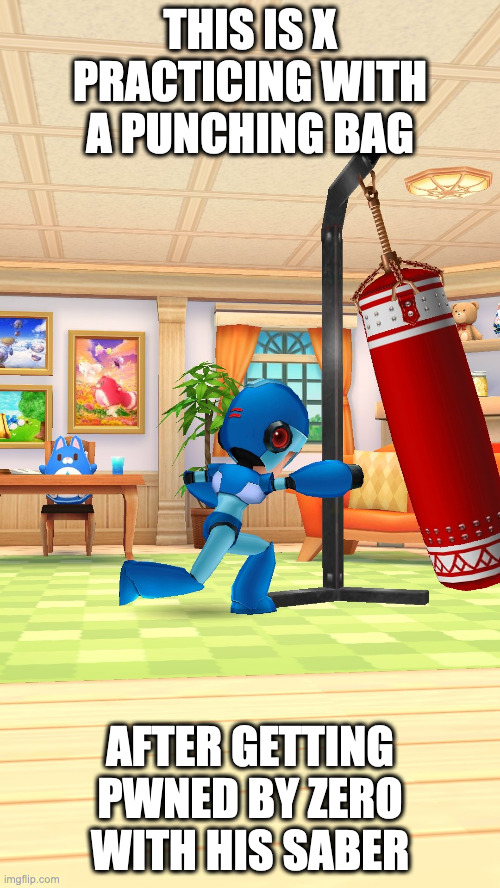 X With Punching Bag | THIS IS X PRACTICING WITH A PUNCHING BAG; AFTER GETTING PWNED BY ZERO WITH HIS SABER | image tagged in megaman,megaman x,memes | made w/ Imgflip meme maker