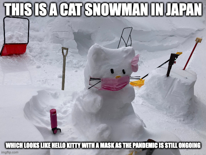Cat Snowman | THIS IS A CAT SNOWMAN IN JAPAN; WHICH LOOKS LIKE HELLO KITTY WITH A MASK AS THE PANDEMIC IS STILL ONGOING | image tagged in cats,snowman,memes | made w/ Imgflip meme maker