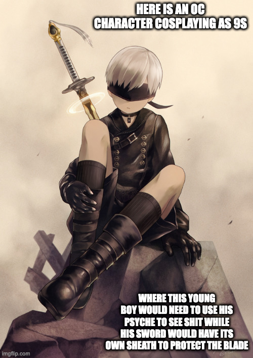 OC Nier Cosplay | HERE IS AN OC CHARACTER COSPLAYING AS 9S; WHERE THIS YOUNG BOY WOULD NEED TO USE HIS PSYCHE TO SEE SHIT WHILE HIS SWORD WOULD HAVE ITS OWN SHEATH TO PROTECT THE BLADE | image tagged in nier automata,memes | made w/ Imgflip meme maker
