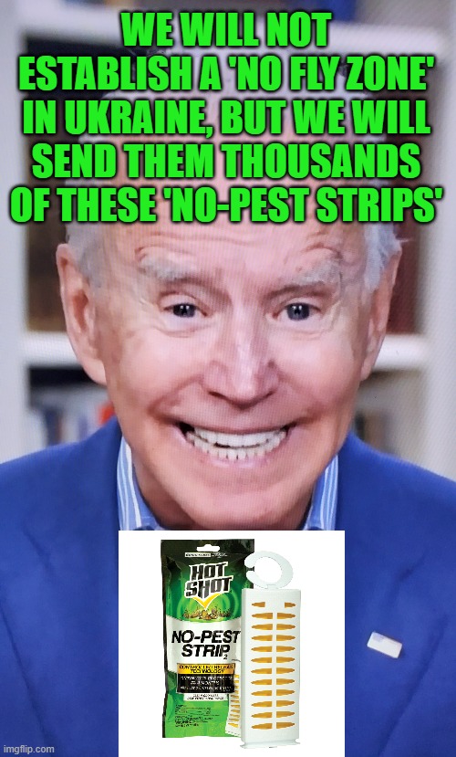 Dementia Joe is always trying to help | WE WILL NOT ESTABLISH A 'NO FLY ZONE' IN UKRAINE, BUT WE WILL SEND THEM THOUSANDS OF THESE 'NO-PEST STRIPS' | image tagged in joker joe,ukraine,dementia | made w/ Imgflip meme maker