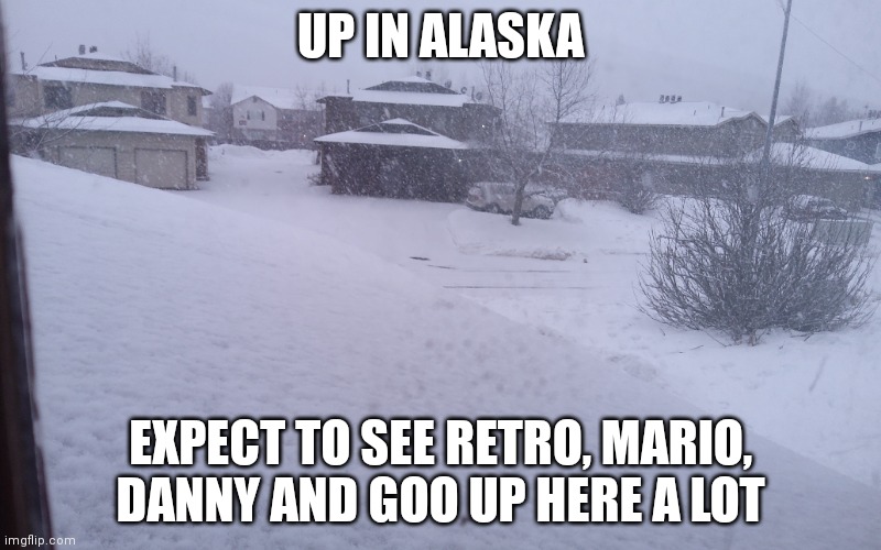 Especially in areas closer to the Arctic | UP IN ALASKA; EXPECT TO SEE RETRO, MARIO, DANNY AND GOO UP HERE A LOT | image tagged in alaska | made w/ Imgflip meme maker