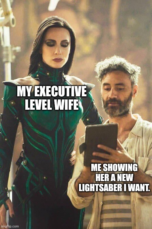 MY EXECUTIVE
LEVEL WIFE; ME SHOWING HER A NEW LIGHTSABER I WANT. | made w/ Imgflip meme maker