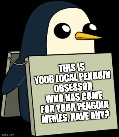 Hey. | THIS IS YOUR LOCAL PENGUIN OBSESSOR WHO HAS COME FOR YOUR PENGUIN MEMES, HAVE ANY? | image tagged in gunter penguin blank sign | made w/ Imgflip meme maker