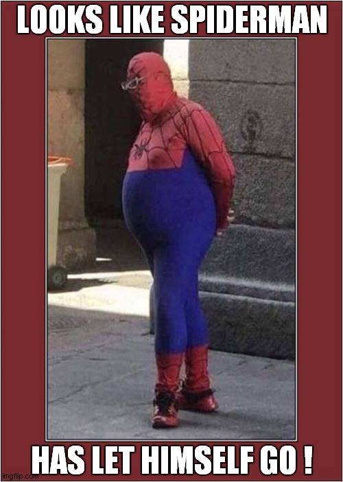 Lazy Super Hero | LOOKS LIKE SPIDERMAN; HAS LET HIMSELF GO ! | image tagged in fun,spiderman,super hero,fat,lazy | made w/ Imgflip meme maker