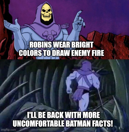 he man skeleton advices | ROBINS WEAR BRIGHT COLORS TO DRAW ENEMY FIRE; I'LL BE BACK WITH MORE UNCOMFORTABLE BATMAN FACTS! | image tagged in he man skeleton advices | made w/ Imgflip meme maker